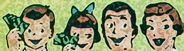 cartoon faces of a perfect 50's american family, the 2 kids have cabbage leaves in their hands