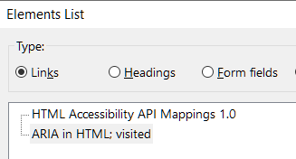 NVDA link list reflects the link order in the accessibility tree. HTML Accessibility API Mapping first item, 2nd item ARIA in HTML.