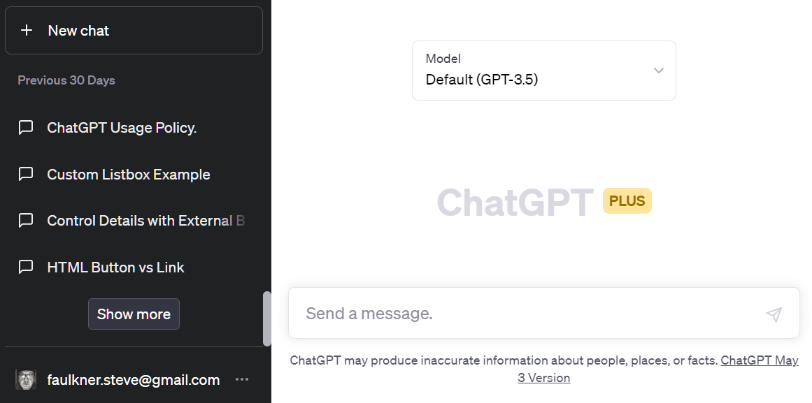 The ChatGPT UI, on the left side is a list of previous chats that are not navigable with the keyboard. in the main chat area there is a heading and a button that is low contrast.