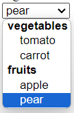 a dropdown menu with various options grouped under two categories. The categories labels are in bold black text, indicating they are non-selectable headers. The first category is 'vegetables', under which the options 'tomato' and 'carrot' are listed. The second category is 'fruits', with 'apple' and 'pear' as the selectable options. 'Pear' is selected in the dropdown, as indicated by it being highlighted in blue. The dropdown menu is currently expanded, showing all the available options.