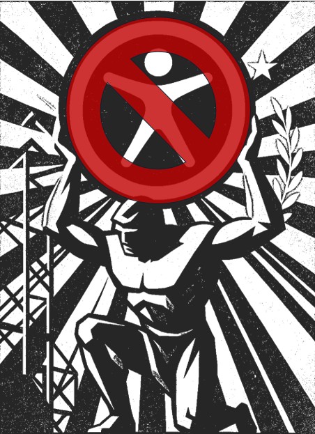 black and white interpretation of Atlas holding a universal access symbol partially covered by a red circle with a line throught it, indicating that there is a lack of accessibility in Atlas.