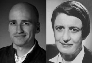 portrait pic of Adrian next to portrait pic of Ayn Rand