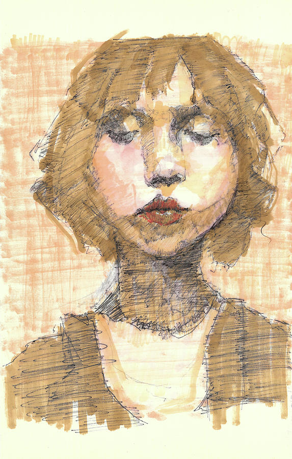 Painting by Brian: Loose watercolor and pencil portrait of a person with short brown hair, closed eyes, red lips, and a neutral expression against a warm peach-toned background.