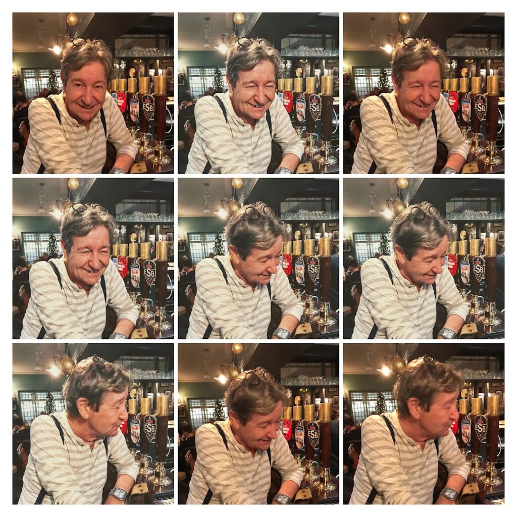 Collage of pics John talking animatedly at the local pub