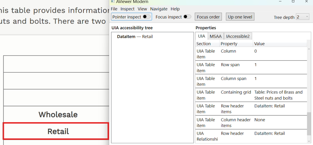 view of UIA accessibility information for a header cell in a complex table